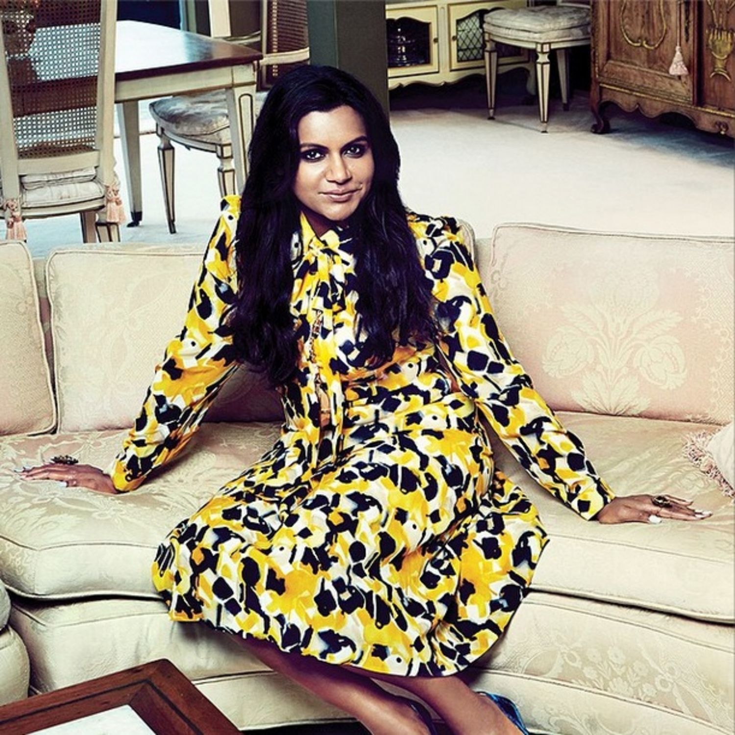 mindy-kaling-yellow-black-dress-flare-magazine-main